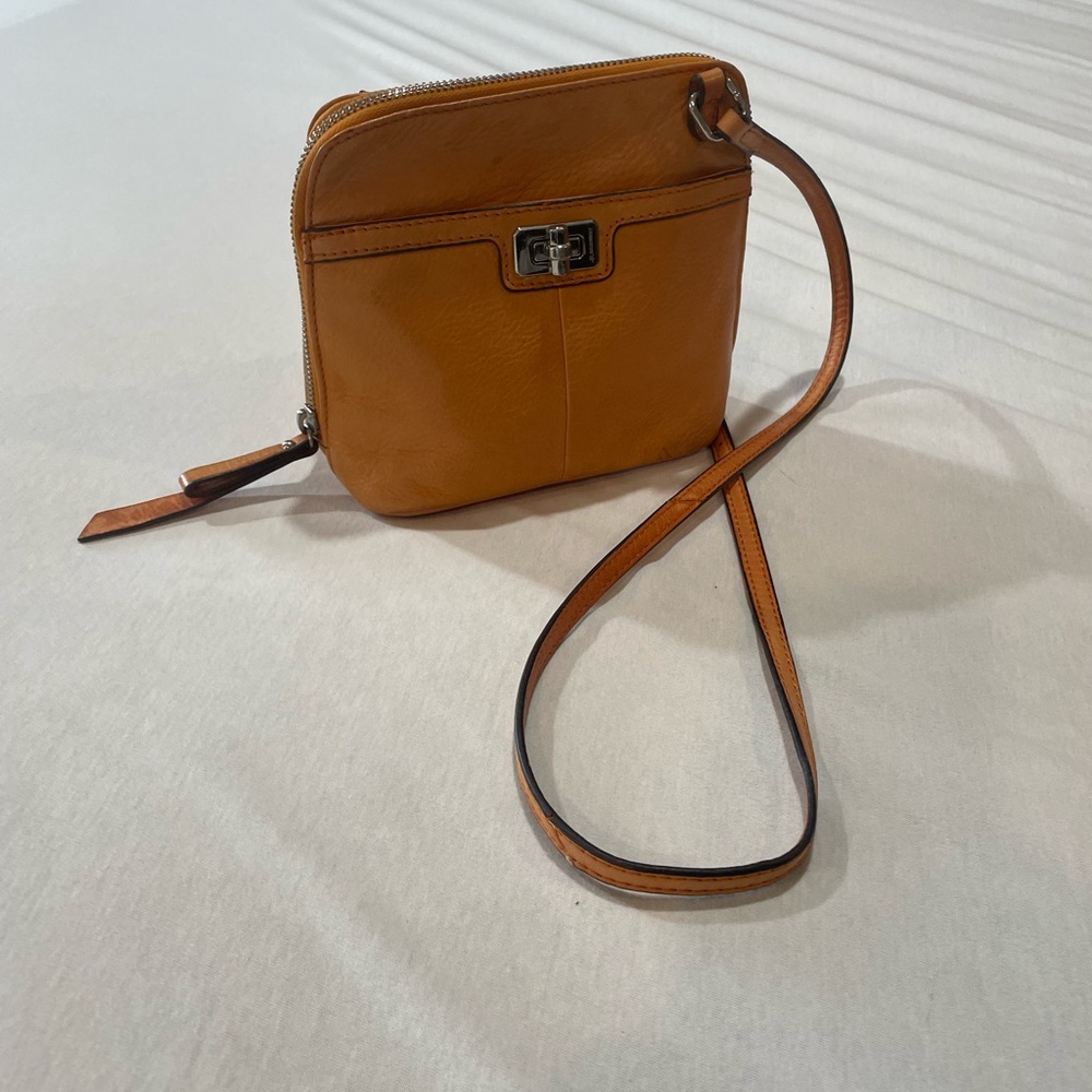 B Makowsky Mustard Yellow Leather Crossbody Bag with Turn-Lock Closure